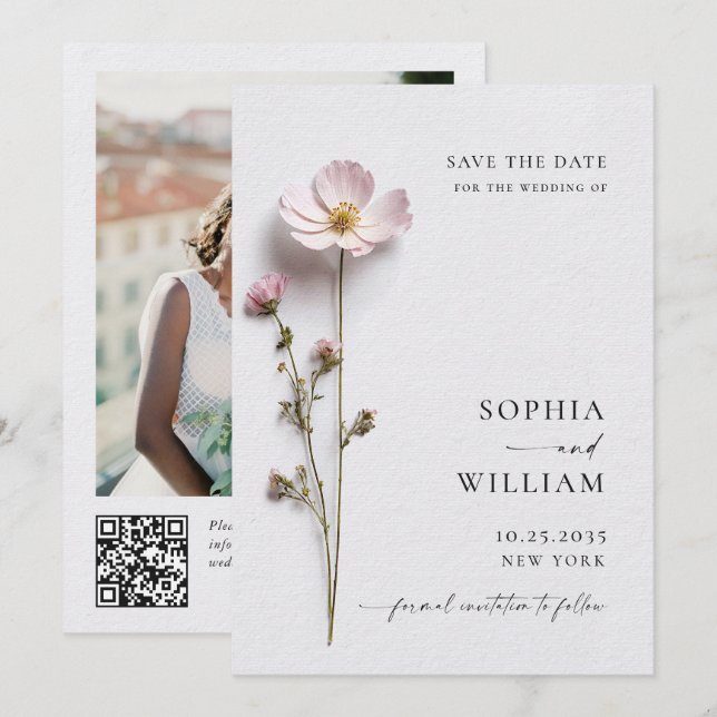 Elegante Print Pressed Pastel Boho Blume Hochzeit Save The Date (Vorne/Hinten)