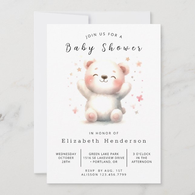 Elegante Printable Bear Baby Dusche Einladung (Vorderseite)