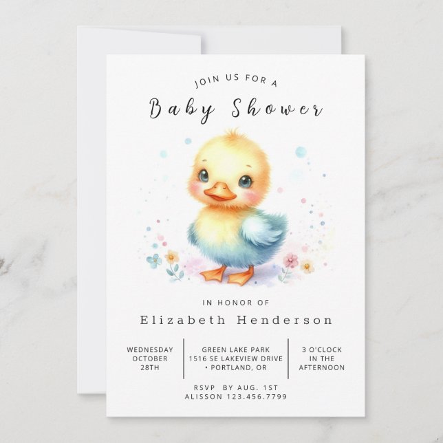 Elegante Printable Duck Baby Shower Einladung (Vorderseite)