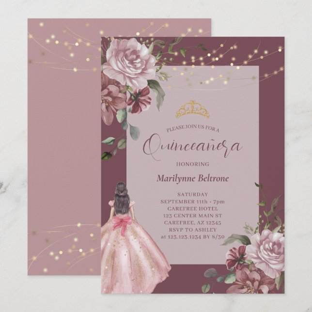 Elegante Prinzessin Floral Quinceñera Einladung (Vorne/Hinten)