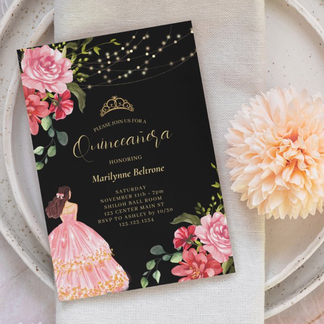 Elegante Prinzessin Pink Floral Quinceañera Einladung (Von Creator hochgeladen)