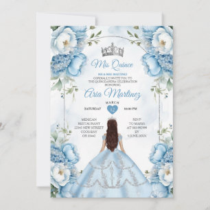 Elegante Prinzessin Quiñceanera aus Weiß und Blau Einladung