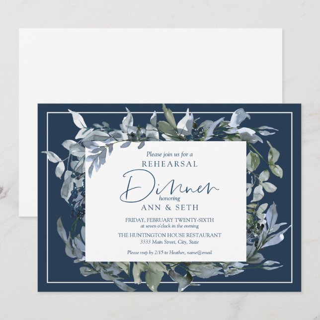 Elegante Probe Abendessen Dunkelblauer Blumenstrau Einladung (Vorne/Hinten)