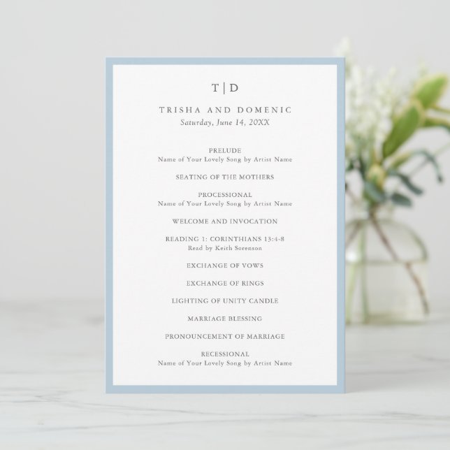 Elegante, pulverblaue Monogramm-Moderne Hochzeit Programm (Stehend Vorderseite)