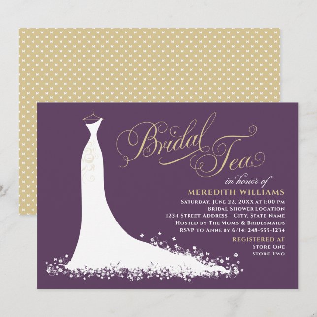 Elegante Pum Gold Wedding Gown Bridal Teedusche Einladung (Vorne/Hinten)