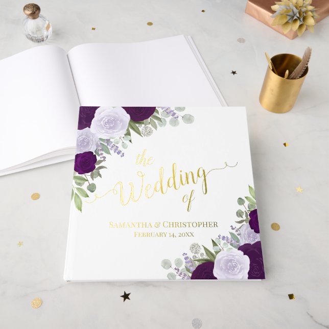 Elegante Pum Lila Boho Rose Hochzeit Gästebuch (Vorderseite Offen)