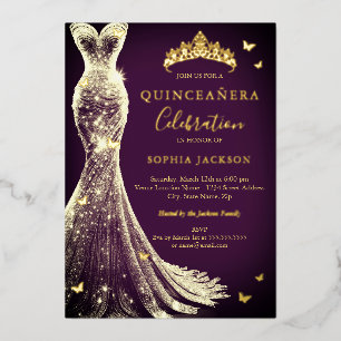 Elegante Pum Lila Gold Butterfly Quinceanera Folieneinladung