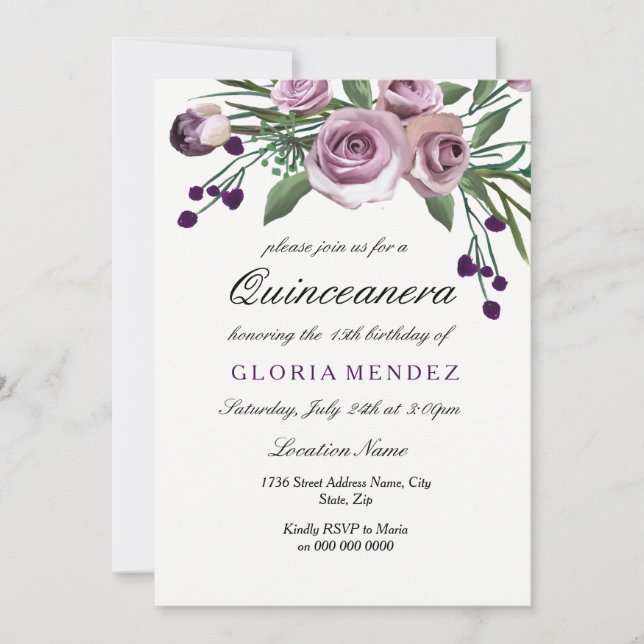 Elegante Pum Lila Rose Quinceanera Einladung (Vorderseite)