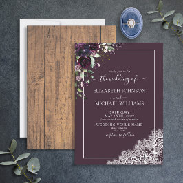 Elegante Pum Lila Rustic Wood Script Wedding Einladung