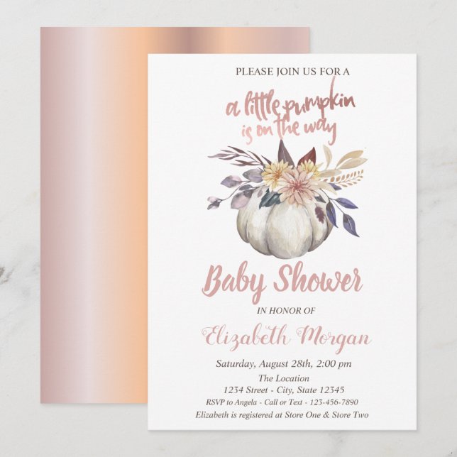 Elegante Pumpkin, Blume Rose Gold Baby Dusche Einladung (Vorne/Hinten)