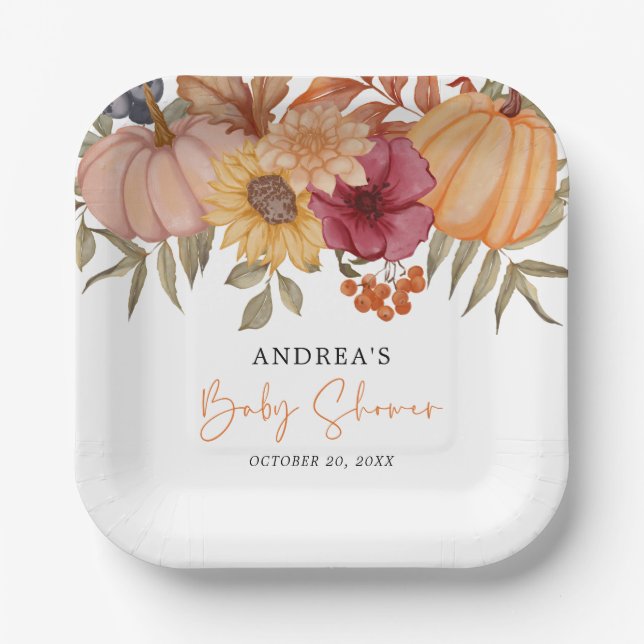 Elegante Pumpkin Herbst Blume Kinderdusche Pappteller (Vorderseite)