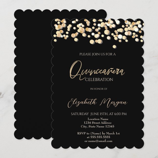 Elegante Punkte, Confetti Black Quinceñera Einladung (Vorne/Hinten)