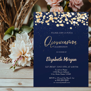 Elegante Punkte, Konfetti Navy Blau Quinceañera Einladung