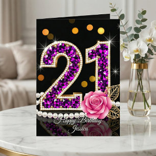 Elegante Purple Diamant Perlenrose zum 21. Geburts Karte