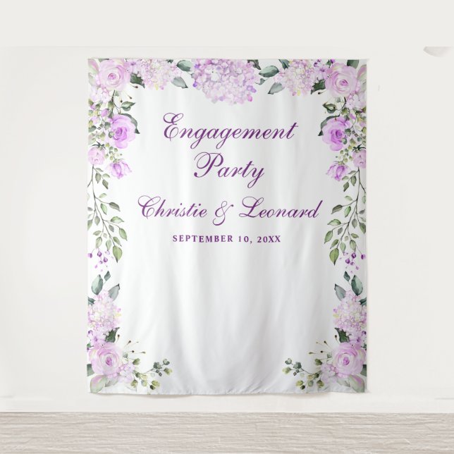 Elegante Purple Flowers Engagement Party Wandteppich (Vorderseite)