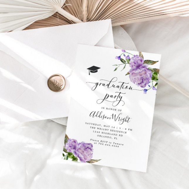 Elegante Purple Flowers Graduation Party Einladung (Von Creator hochgeladen)