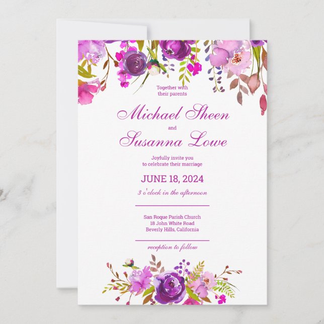 Elegante Purple Flowers Hochzeit Einladung (Vorderseite)