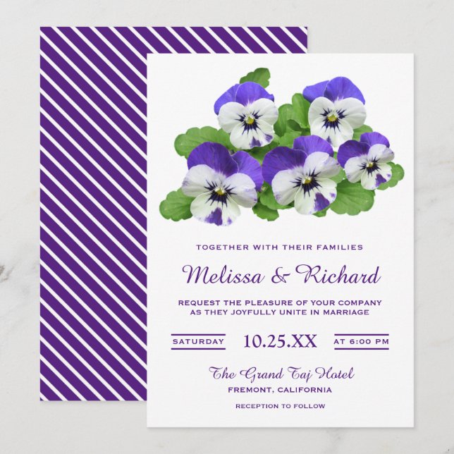 Elegante Purple Flowers Pansy Wedding Einladung (Vorne/Hinten)