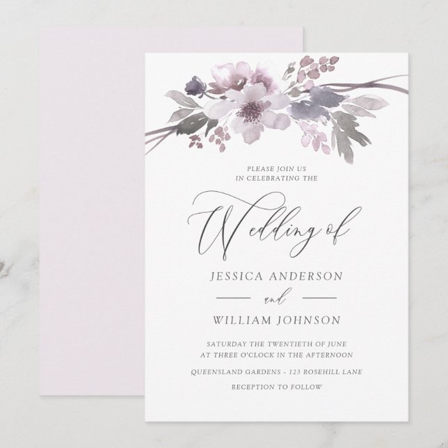 Elegante Purple Flowers Winter Gray Wedding Einladung (Vorne/Hinten)