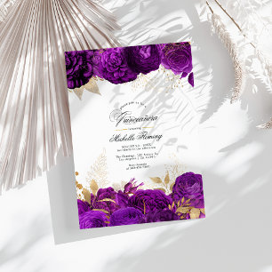 Elegante Purple- und Gold-Blumen-Quinceañera Einladung