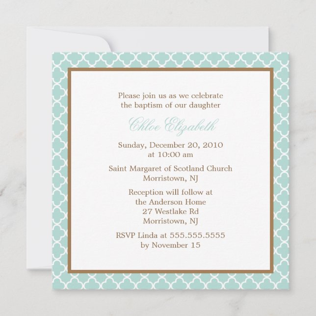Elegante Quatrefoil Muster-Baby-Taufe Einladung (Vorderseite)