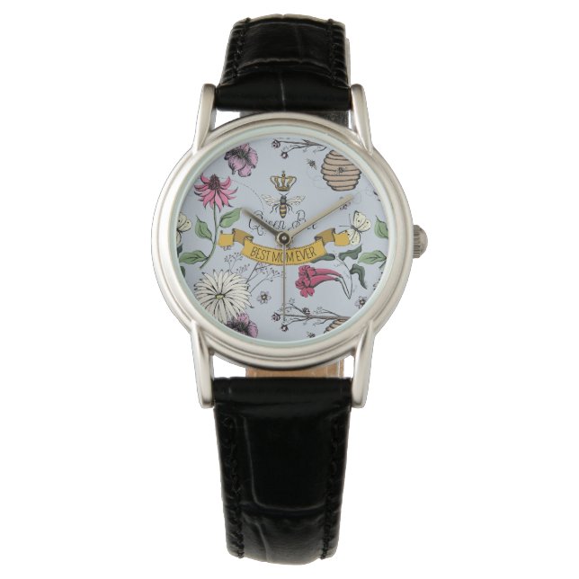 Elegante Queen Bee & Gold Crown Beste Mama jemals Armbanduhr (Vorderseite)