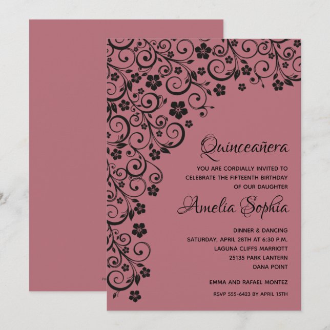 Elegante Quinceañera Black & Rose Gold Wirbel (Vorne/Hinten)