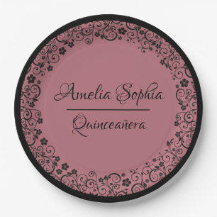 Elegante Quinceañera Black Wirbel auf Rose Gold Pappteller