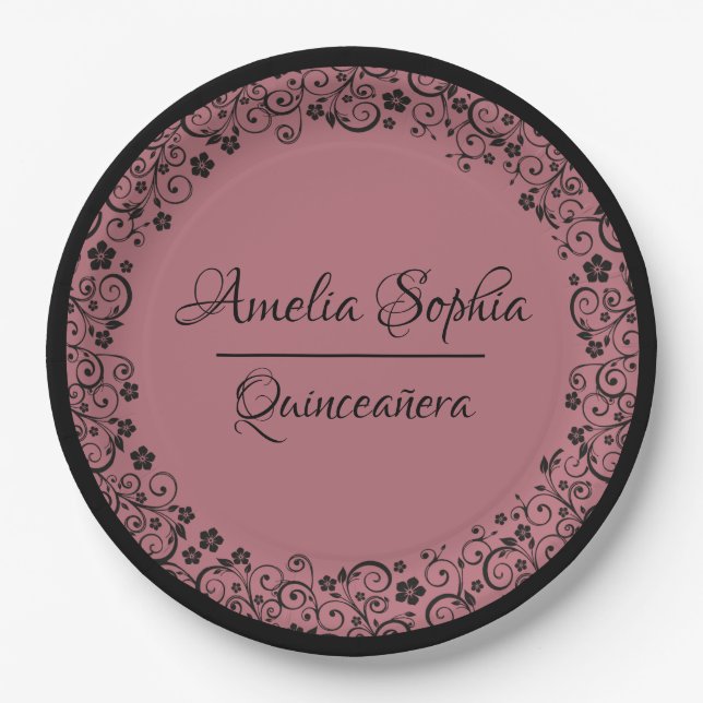 Elegante Quinceañera Black Wirbel auf Rose Gold Pappteller (Vorderseite)