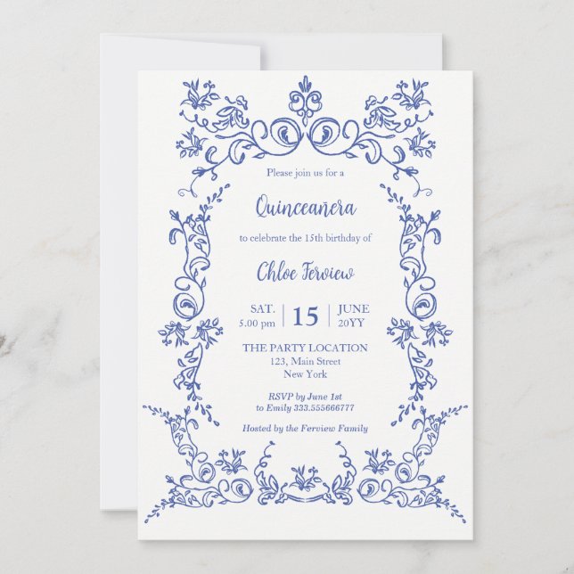 Elégante Quinceañera Blue Floral invitation (Devant)