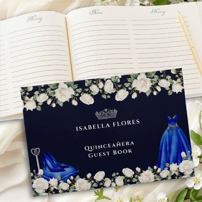 Elegante Quinceanera Blumenrincess Kleid Blau Gästebuch (Guest book from the Princess Dress and Roses Quinceanera collection by Darling & May)