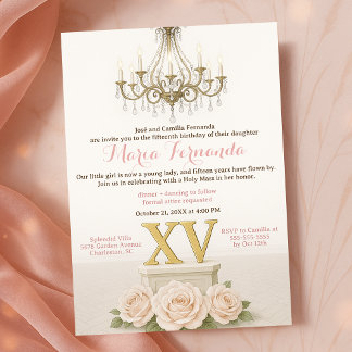 Elegante Quinceañera Blush Chandelier Celebration Einladung