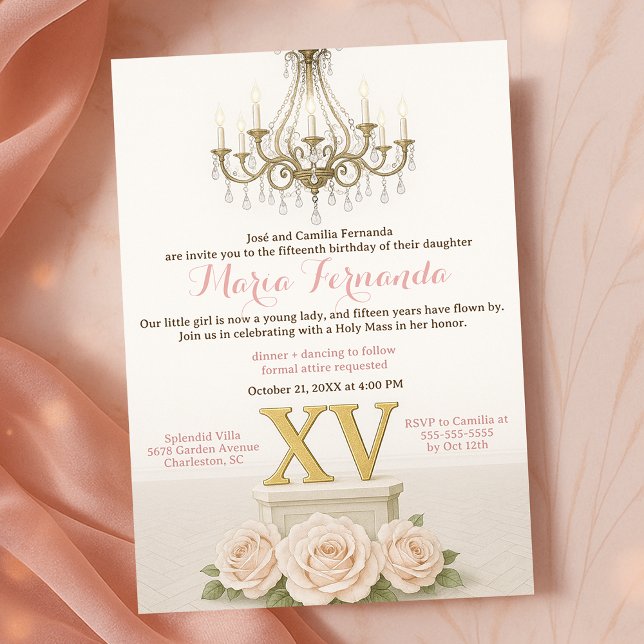 Elegante Quinceañera Blush Chandelier Celebration Einladung (Von Creator hochgeladen)