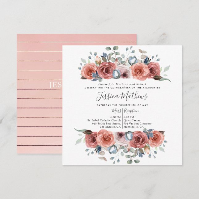 Elegante Quinceanera, Blush und duftige blaue Blüt Einladung (Vorne/Hinten)