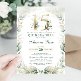 Elegante Quinceanera Botanische Grünpflanzen Gold Einladung