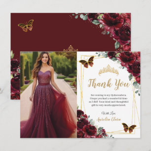 Elegante Quinceañera Burgunderrote Rosen Florales  Dankeskarte