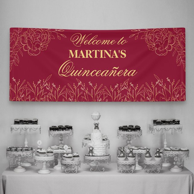 Elegante Quinceanera Burgundy Gold Floral Willkomm Banner (Von Creator hochgeladen)