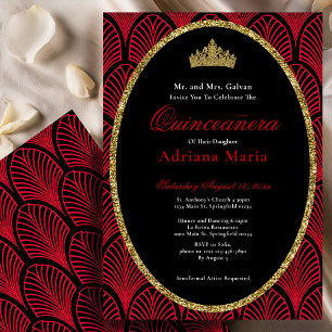 Elegante Quinceanera-Einladung Gold Rot Art Deco Einladung