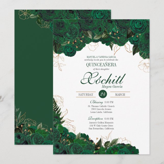 Elegante Quinceanera Emerald Green Gold Rose Flora Einladung (Vorne/Hinten)