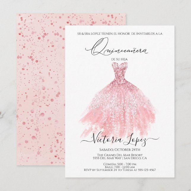 Elegante Quinceañera Glitzer Sparkle Spanische Ruh Einladung (Vorne/Hinten)