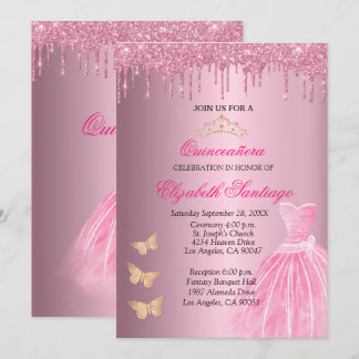 Elegante Quinceañera Glitzer Tropfen in Rosa und G Einladung