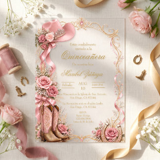 Elegante Quinceañera im Western-Stil in Rosa und G Acryleinladungen