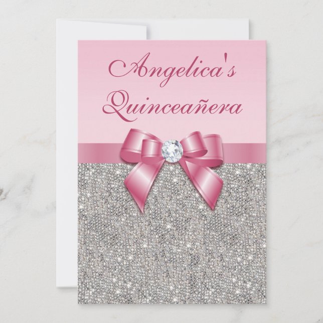 Elegante Quinceañera Imitate Silver Sequins Pink B Einladung (Vorderseite)