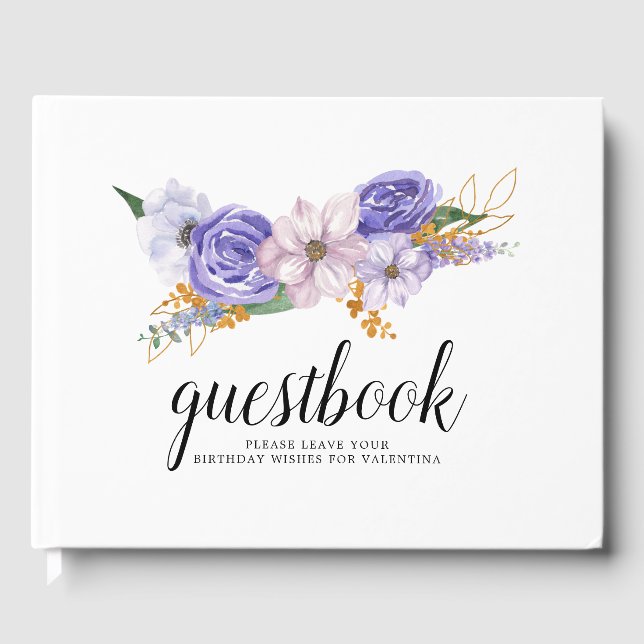 Elegante Quinceanera, Lila und Gold Gästebuch (Vorderseite)