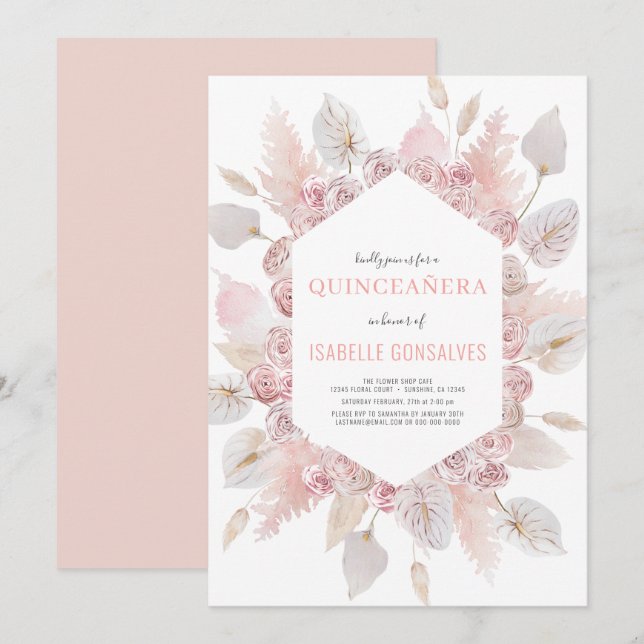 Elegante QUINCEAÑERA Modernes Boho Wasserfarbenröh Einladung (Vorne/Hinten)