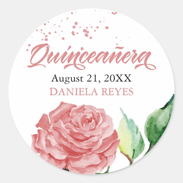Elegante Quinceanera Rosa Wasserfarbe Custom Runder Aufkleber (Vorderseite)