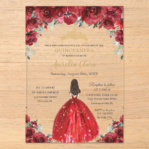 Elegante Quinceañera rote Florale Rosen Prinzessin Acryleinladungen