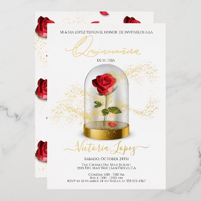Elegante Quinceañera-Rote Rose auf Spanisch Folieneinladung (Vorderseite/Rückseite)