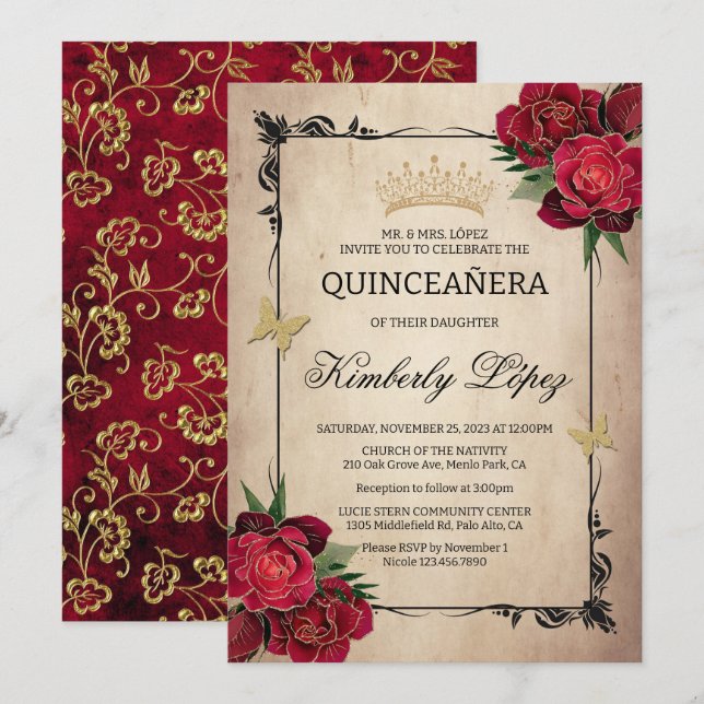 Elegante Quinceanera Rote Rose Einladung (Vorne/Hinten)
