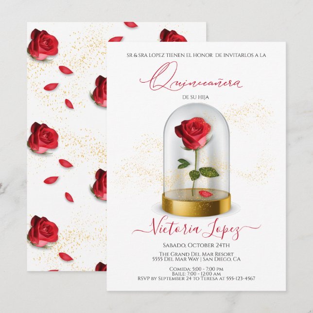 Elegante Quinceañera Rote Rose im Spanischen Einla Einladung (Vorne/Hinten)